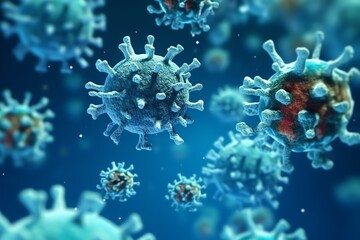 Fototapeta na wymiar 3D render of a medical with virus cells bacteria. Multiple realistic coronavirus particles floating