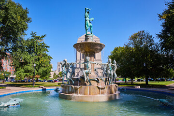 Historical Fountain with Mythological Statues in Urban Park, Indianapolis