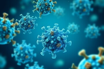 Obraz na płótnie Canvas 3D render of a medical with virus cells bacteria. Multiple realistic coronavirus particles floating