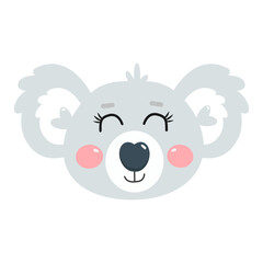 Sweet lovely cute kawaii face, head of koala with smiling eyes closed. Vector joy, happy, smile cartoon illustration for kids	
