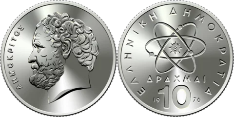 Foto op Canvas vector Greek money, 10 drachmas silver coin 1976 Democritus, Ancient Greek philosopher © Kavalenkava