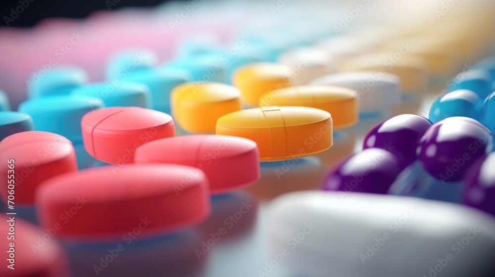 Wall mural closeup of an array of different colored pills being sorted by a pharmacist into separate compartmen