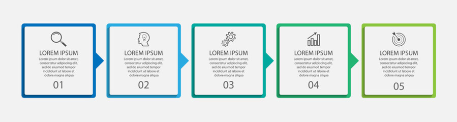 business infographic design 5 parts or steps containing icons, text and numbers, square design and thin colored lines that are interconnected, for workflow diagrams, banners and your business