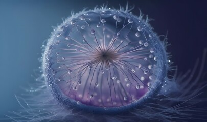  Beautiful dew drops on a dandelion seed macro. Beautiful soft light blue and violet background. Water drops on a parachutes dandelion on a beautiful blue. Soft dreamy tender artistic image form.  as