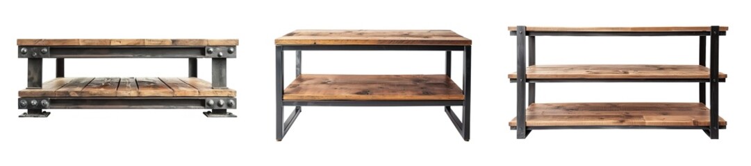 Industrial metal and wooden style coffee tables and shelves over white transparent background