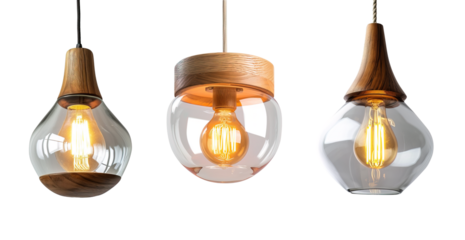 Nordic style wood and glass pendant lamps over isolated transparent background. Modern deco trendy
