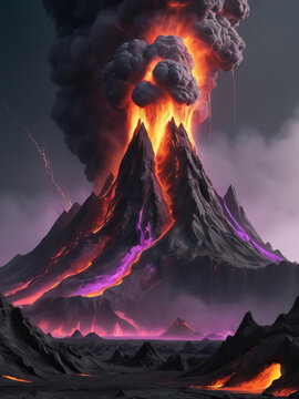 Epic Cyberpunk Volcanic Eruption - 8K high-resolution realistic depiction of a volcanic eruption with neon cyberpunk designs and futuristic elements in muted purples and cool grays Gen AI