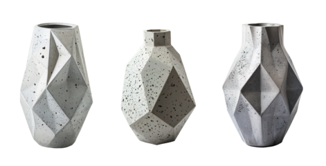 Set of geometric and modern concrete vases over white transparent background
