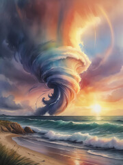 Colorful Waterspout Whirling Off the Coast - Whimsical Watercolor Painting with Playful Splashes Gen AI