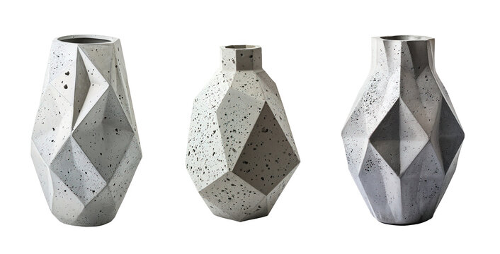 Set of geometric and modern concrete vases over white transparent background
