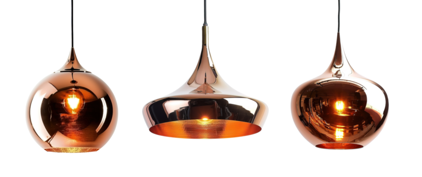 Modern copper shade pendant lamps over isolated transparent background
