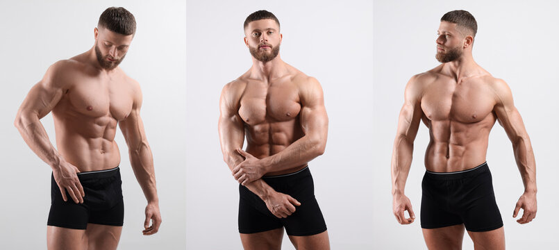 Muscular man in stylish black underwear on white background, collection of photos