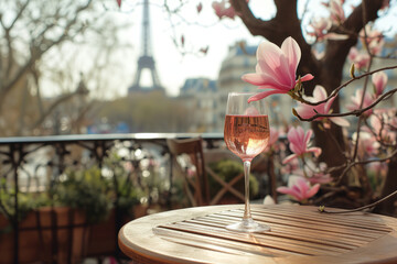 Glass of pink wine on a table of typical Parisian outdoor cafe with pink magnolia flowers in full...