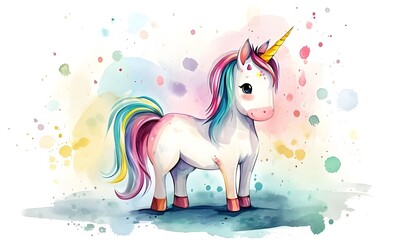 Obraz na płótnie Canvas Cute cartoon unicorn watercolor illustration