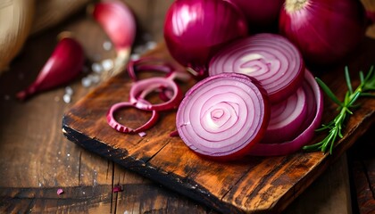 Slices of red onion on wooden cutting board - obrazy, fototapety, plakaty