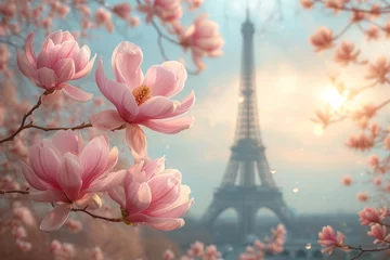 Schilderijen op glas Typical Parisian postcard view of pink magnolia flowers in full bloom on a backdrop of French cityscape. Early spring in Paris, France. © MNStudio