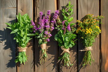 Hanging bunches of medicinal herbs and flowers on a wooden background. Herbal medicine.