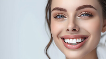 Perfect healthy teeth smile of a young woman. Teeth whitening. Dental clinic patient. Image symbolizes oral care dentistry, stomatology. Dentistry image - obrazy, fototapety, plakaty