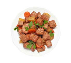 Plate with delicious goulash isolated on white, top view