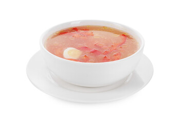Tasty soup with egg and bell pepper in bowl isolated on white