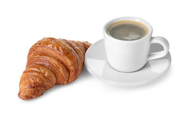 Delicious fresh croissant and cup of coffee isolated on white