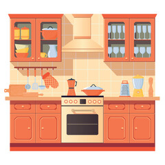 Cute kitchen interior in flat style. All Objects Are Repainted.