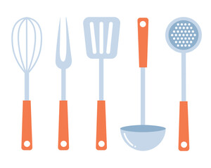 Doodle flat clipart. Simple illustration of kitchen tool, whisk, ladle, meat fork, slotted spoon, spatula