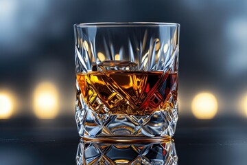 Dark amber whiskey in a black crystal glass