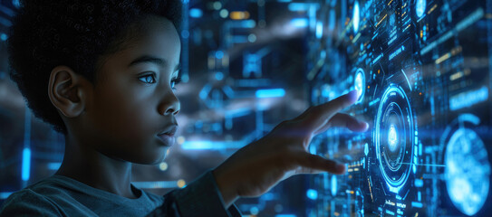 African American young boy hand touching The metaverse universe, Digital holographic screens...