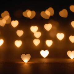 Background bokeh square. Yellow hearts on a brown background. Valentine's day.