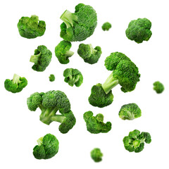 Fresh green broccoli falling on white background