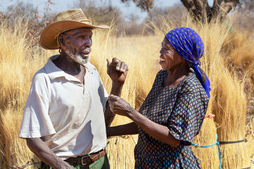 portrait of an village african old couple happily chatting away in the farm field, thatch grass in...