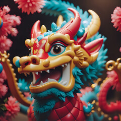 a cute happy Chinese dragon, focus on the head, chinese new year, chinese style dragon statue, iconic dragon, wallpaper dragon, red dragon, dragon wood, ilstration dragon, sio naga, imlek tahun baru