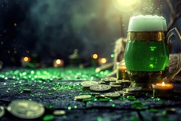 Happy St Patrick`s Day concept with cauldron of gold coins and Green beer pint. Patricks day shamrock clover, golden coins and green shamrock clover - Powered by Adobe