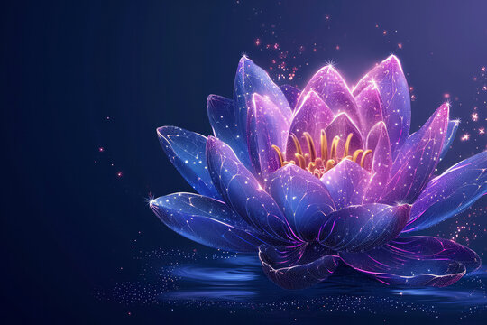 Futuristic glowing low polygonal waterlily, lotus flower with stars isolated on dark blue to purple gradient background