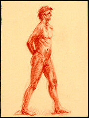 Red Crayon on colored paper quick sketch capturing the grace and poise of a male model in a studio setting. An artistic drawing of the human form.