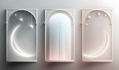  Modern Minimalist Aesthetic linear frames, arcs, stars and elements  as soft ethereal dreamy background, professional color grading, copy space