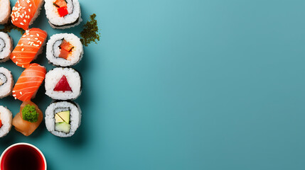 Fototapeta na wymiar Set of sushi and maki with soy sauce on blue background