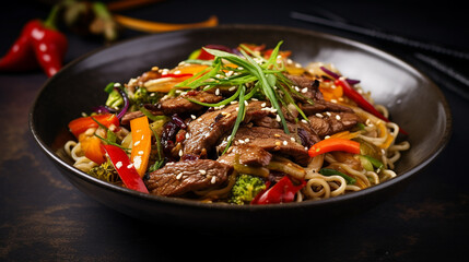 stir fry noodles with vegetables and beef in black background - obrazy, fototapety, plakaty