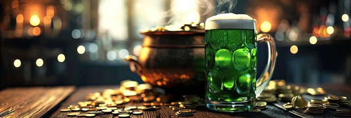 Happy St Patrick`s Day concept with cauldron of gold coins and Green beer pint. Patricks day shamrock clover, golden coins and green shamrock clover