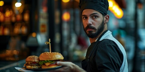 the waiter carries a burger Generative AI
