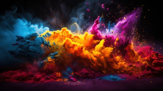 vibrant eruption of colorful powder on a dark background