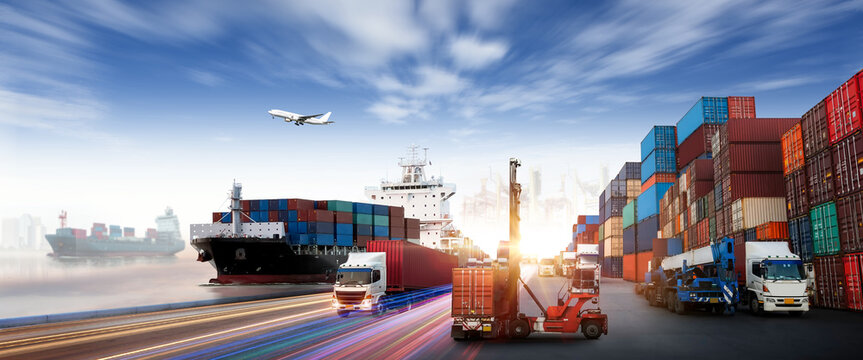 Industrial Container Cargo freight ship, forklift handling container box loading for logistic import export and transport industry concept