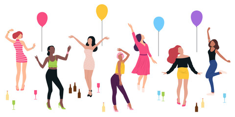 Many women dancing at party on white background - obrazy, fototapety, plakaty