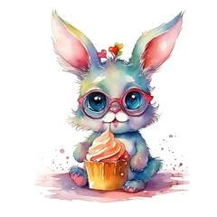 WATERCOLOR image of cute BABY bunny with beautiful big shining eyes, GLASSES, smiling, WITH...