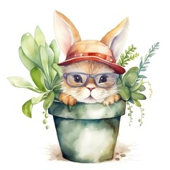 WATERCOLOR image of cute BABY bunny WEARING GLASSES AND hat, hiding behind plant pot, WHITE...