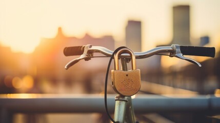 Detailed image of a bike lock securing a bicycle to a city bike rack, with the city skyline in the background.