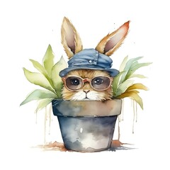 WATERCOLOR image of cute BABY bunny WEARING GLASSES AND hat, smiling, hiding behind plant pot,...
