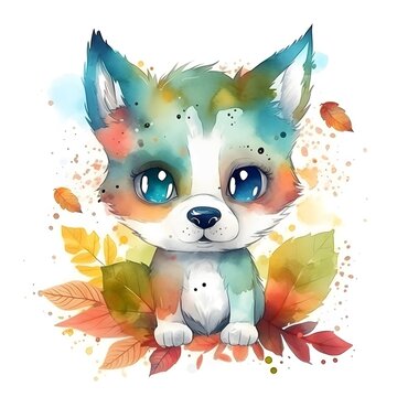 Cute WOLF CUB, HAPPY with colorful FACE PAINT, Watercolor Little Animals Clipart, LEAVES, SUMMER