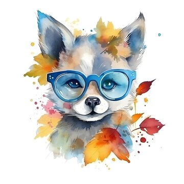 Cute WOLF CUB, WITH GLASSES AND BEAUTIFUL SHINING EYES, HAPPY with colorful FACE PAINT, Watercolor Little Animals Clipart, LEAVES, SUMMER